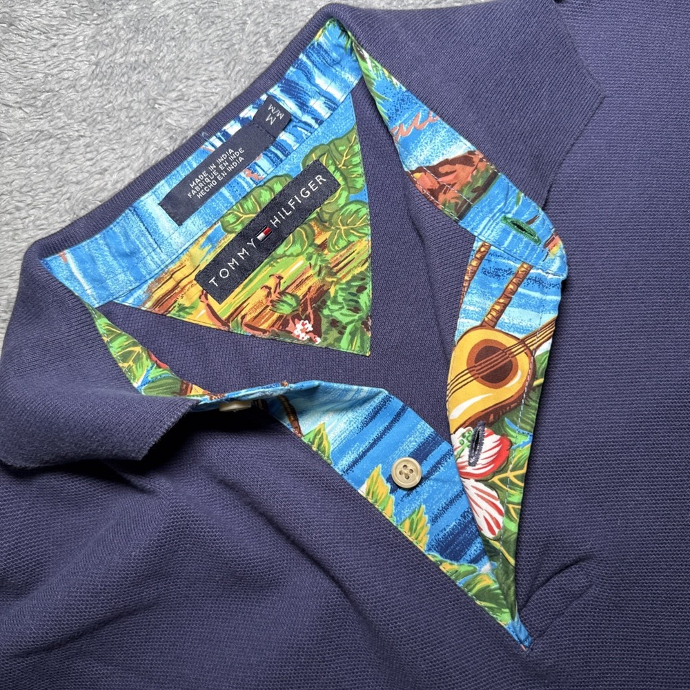 Tommy Hilfiger Men's Medium Navy Blue Polo Short Sleeve Shirt Tropical Collar - Picture 3 of 16